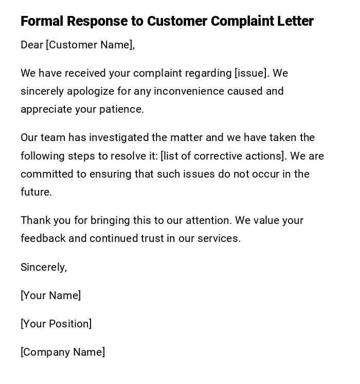 Formal Response to Customer Complaint Letter