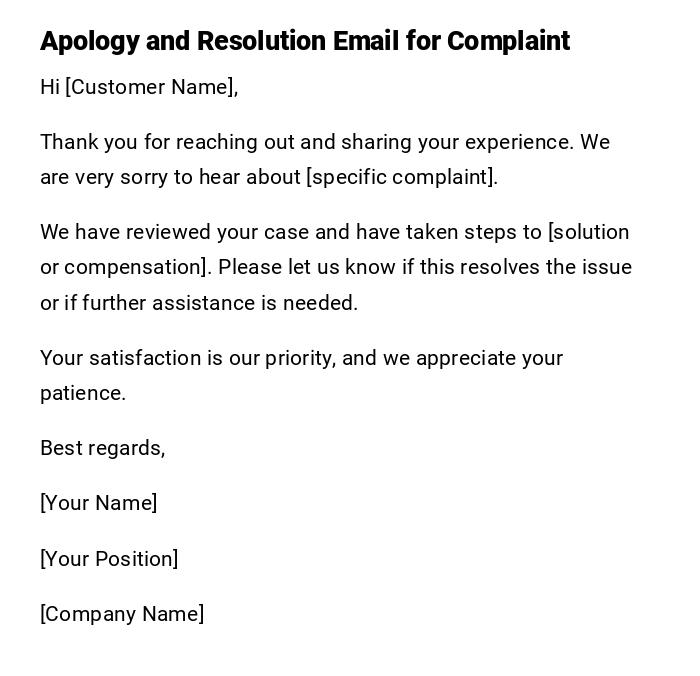 Apology and Resolution Email for Complaint