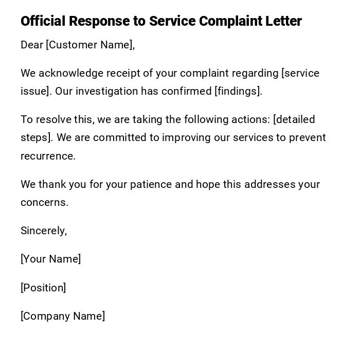 Official Response to Service Complaint Letter