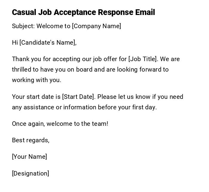 Casual Job Acceptance Response Email