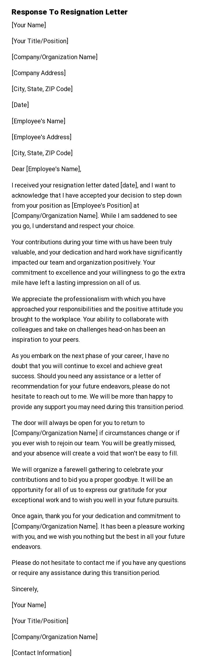 Response To Resignation Letter