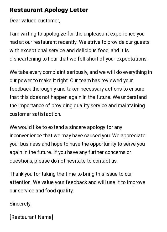Restaurant Apology Letter