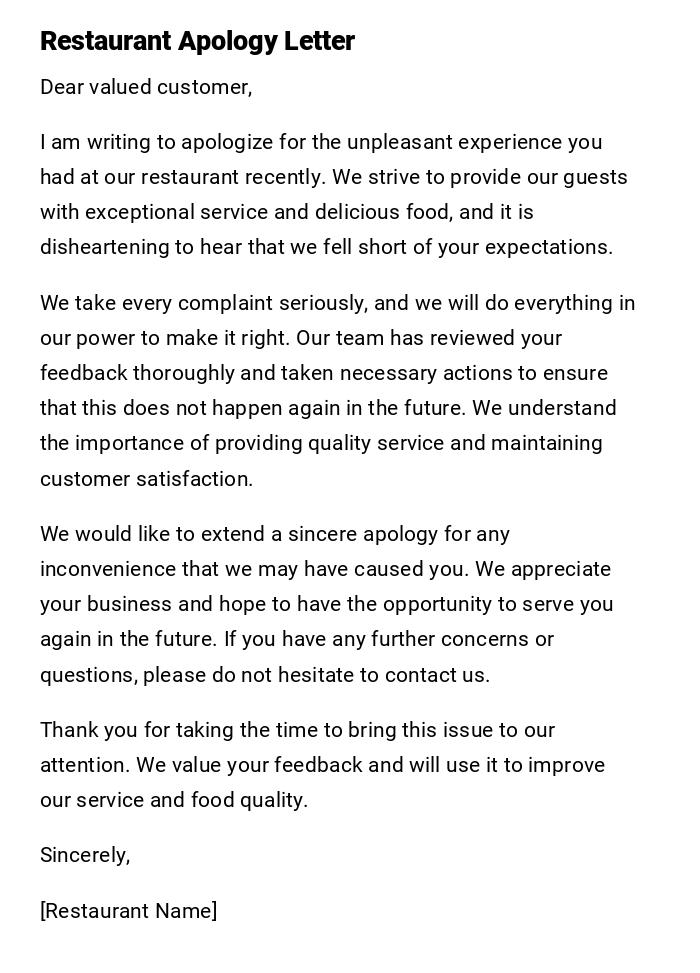 Restaurant Apology Letter