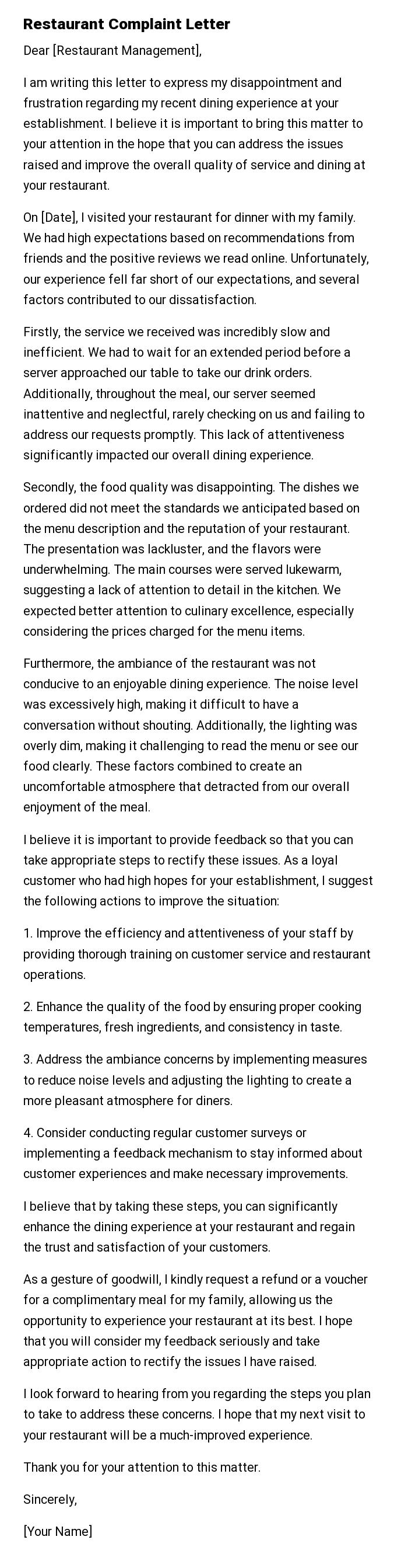 Restaurant Complaint Letter