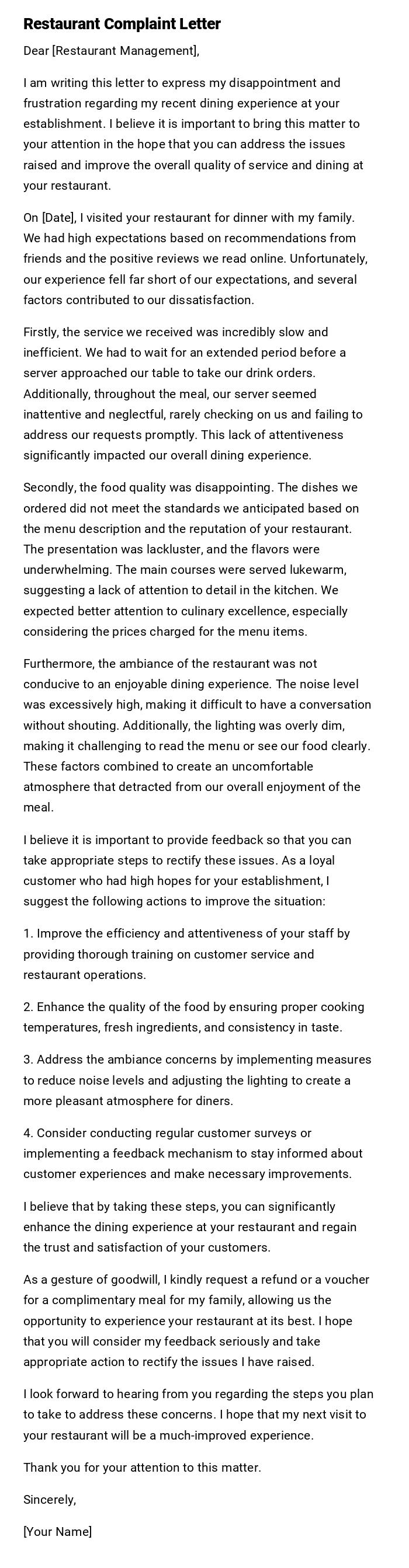 Restaurant Complaint Letter