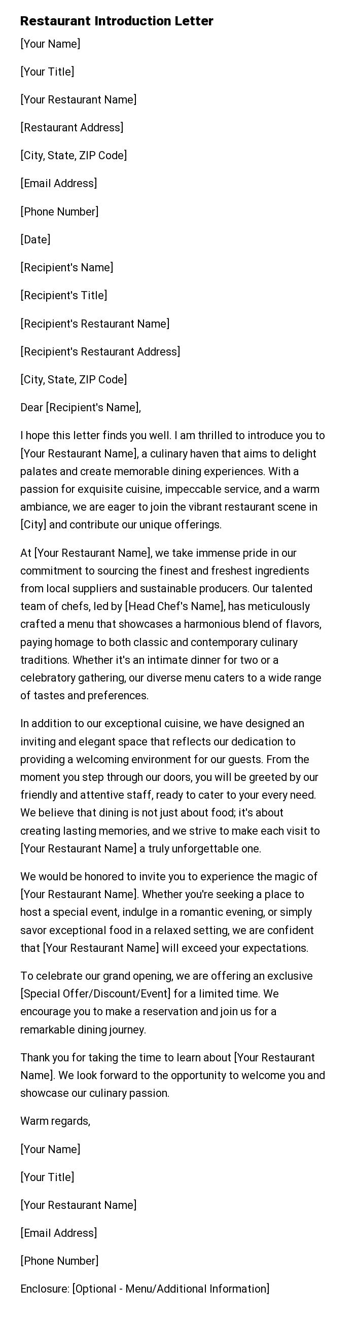 Restaurant Introduction Letter