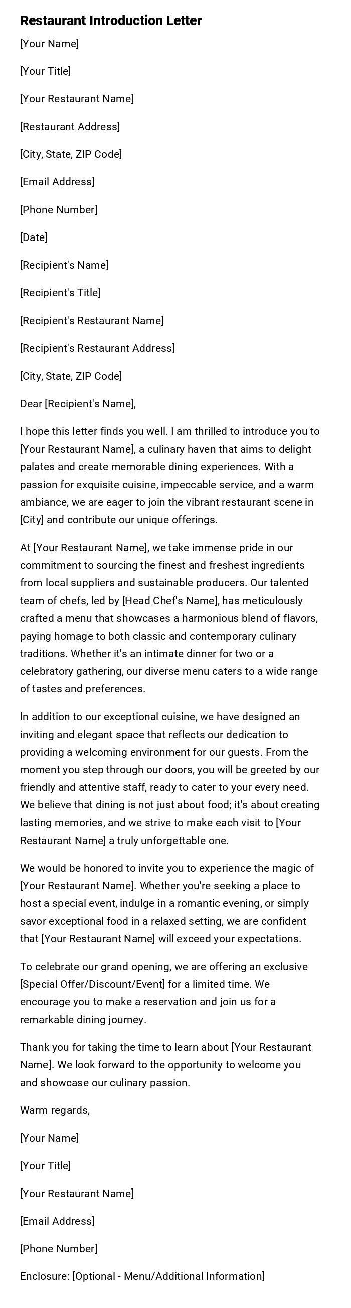 Restaurant Introduction Letter