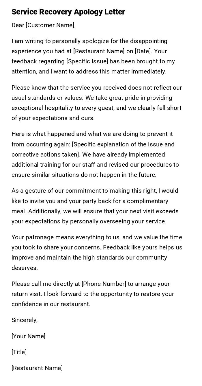 Service Recovery Apology Letter Service Recovery Apology Letter