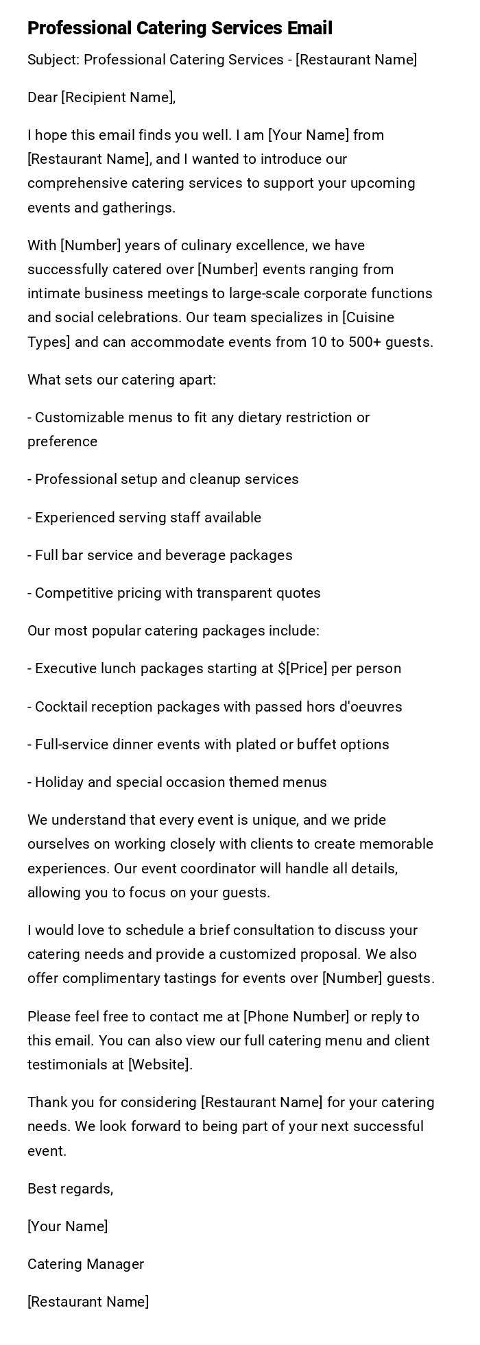 Professional Catering Services Email Professional Catering Services Email