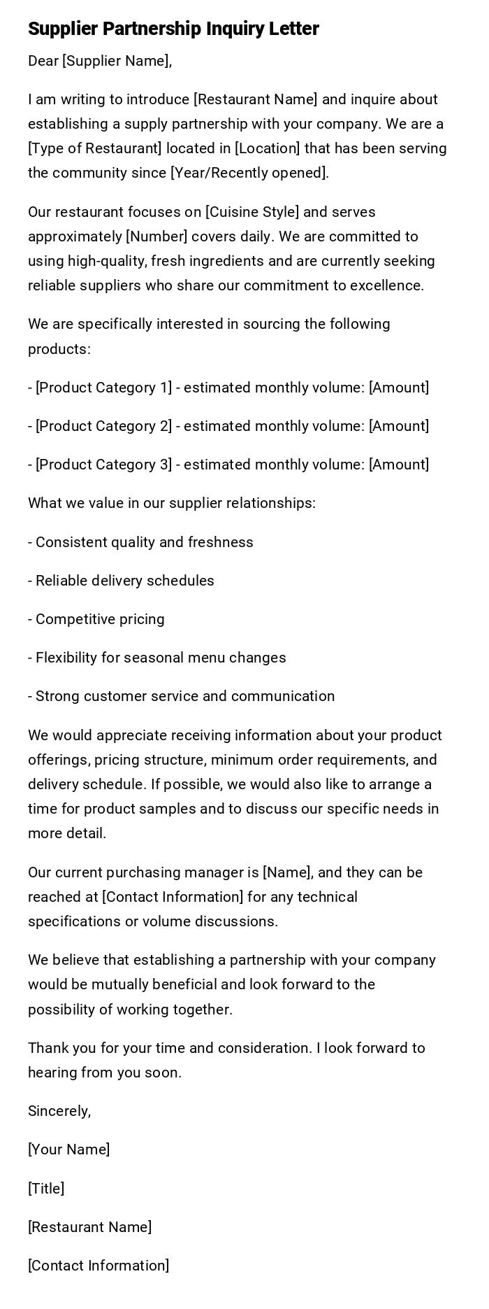 Supplier Partnership Inquiry Letter Supplier Partnership Inquiry Letter