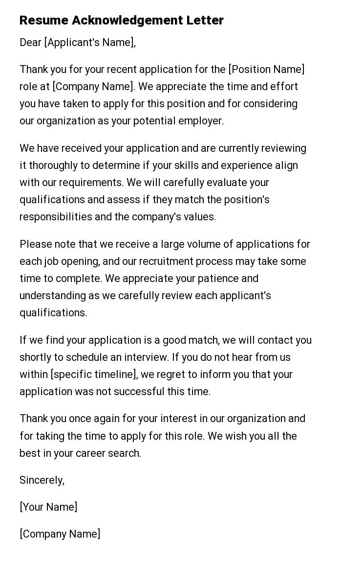 Resume Acknowledgement Letter