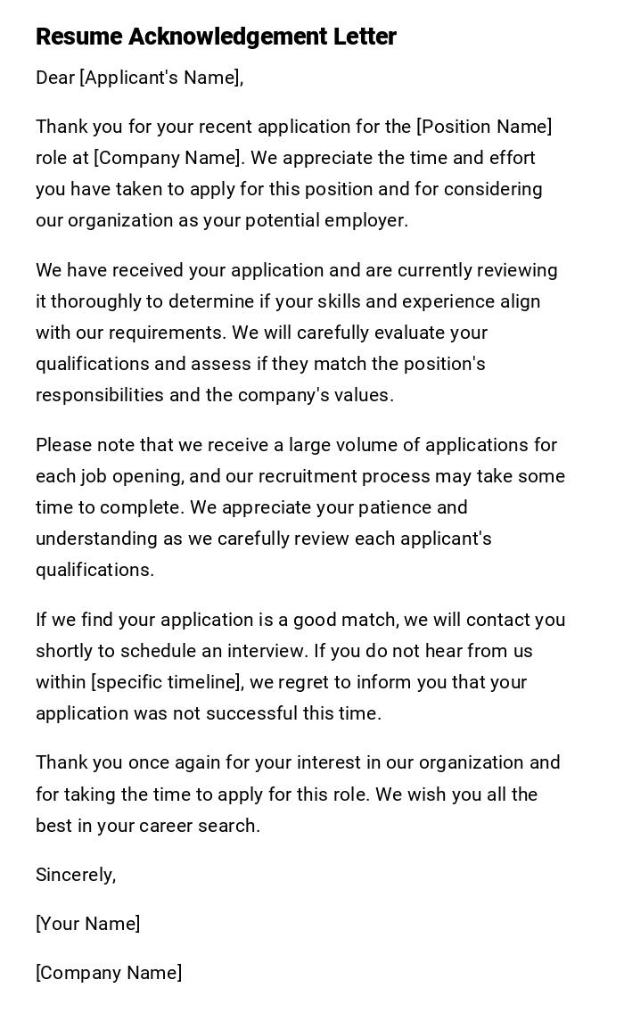 Resume Acknowledgement Letter