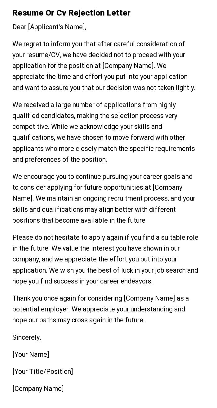 Resume Or Cv Rejection Letter