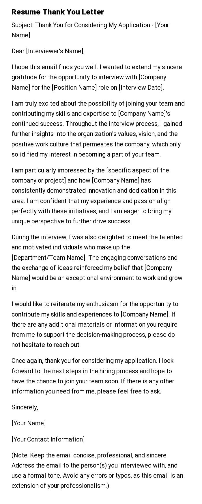 Resume Thank You Letter