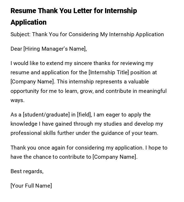 Resume Thank You Letter for Internship Application Resume Thank You Letter for Internship Application