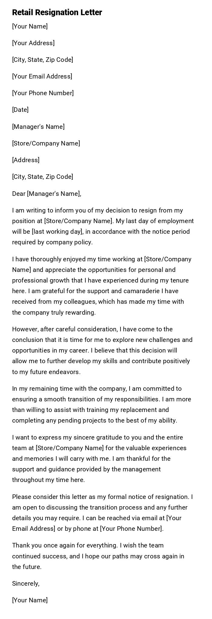 Retail Resignation Letter