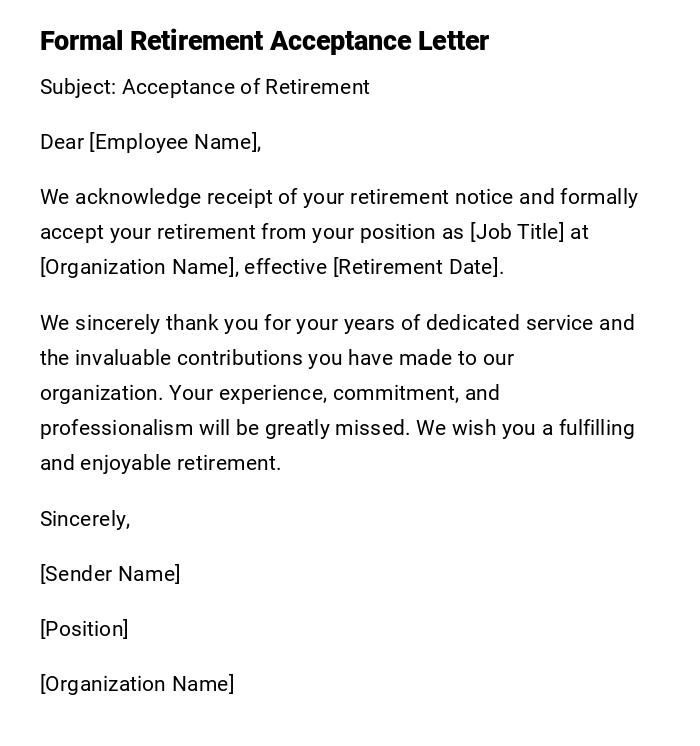 Formal Retirement Acceptance Letter Formal Retirement Acceptance Letter