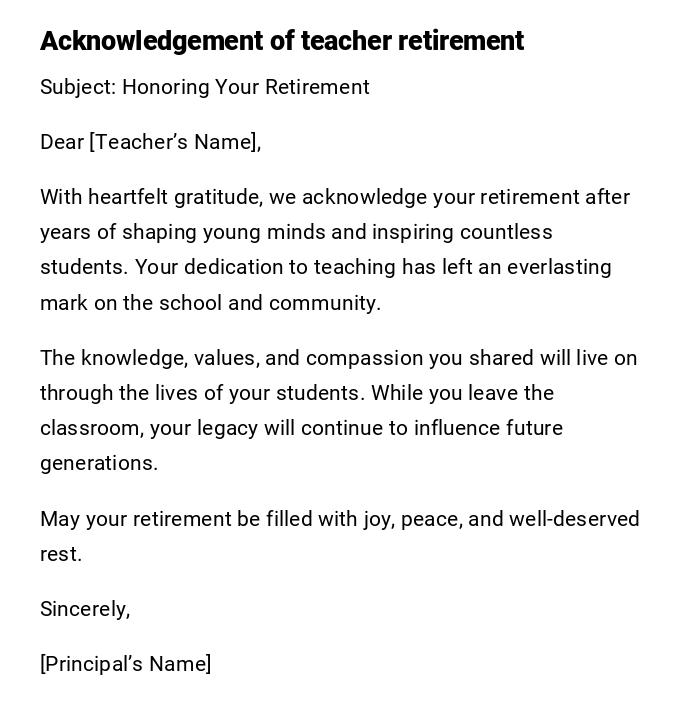 Acknowledgement of teacher retirement Acknowledgement of teacher retirement