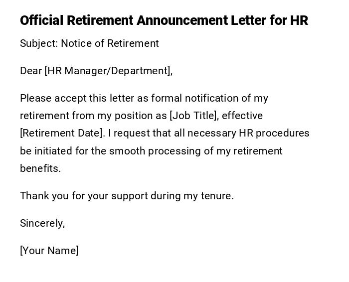 Official Retirement Announcement Letter for HR
