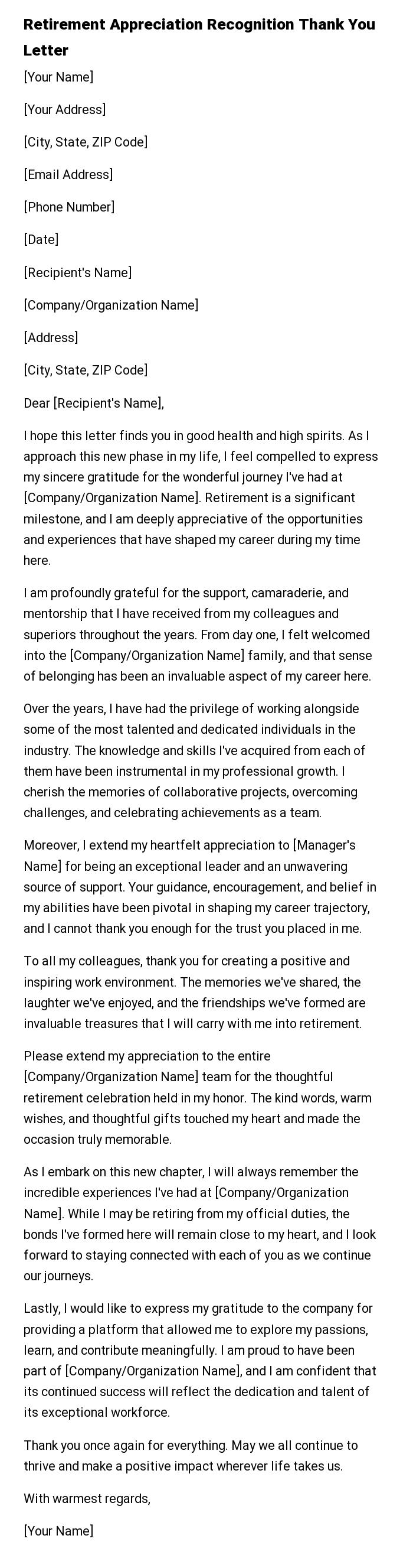 Retirement Appreciation Recognition Thank You Letter