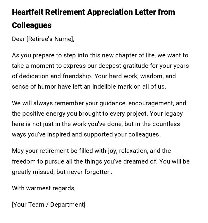 Heartfelt Retirement Appreciation Letter from Colleagues Heartfelt Retirement Appreciation Letter from Colleagues