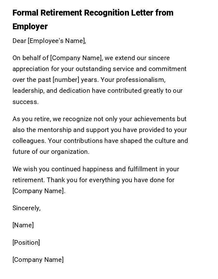 Formal Retirement Recognition Letter from Employer Formal Retirement Recognition Letter from Employer