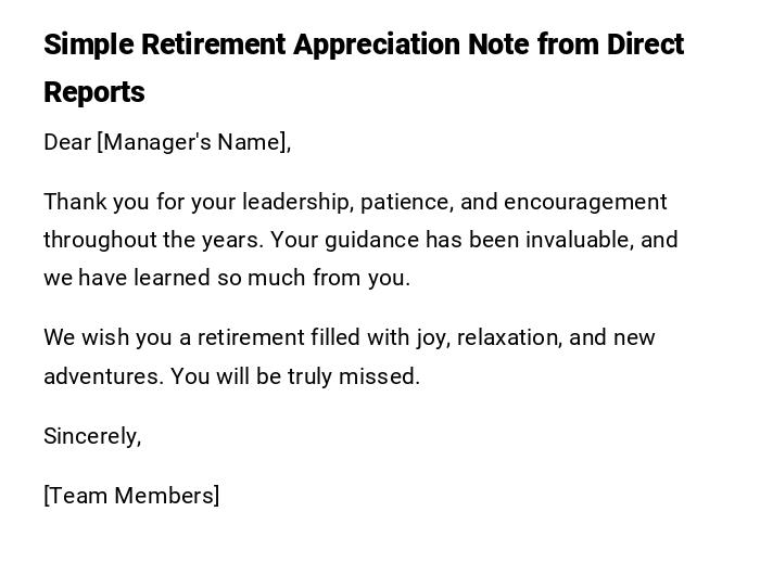 Simple Retirement Appreciation Note from Direct Reports Simple Retirement Appreciation Note from Direct Reports