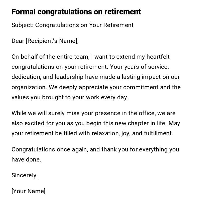 Formal congratulations on retirement