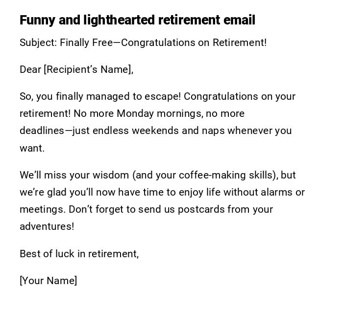 Funny and lighthearted retirement email