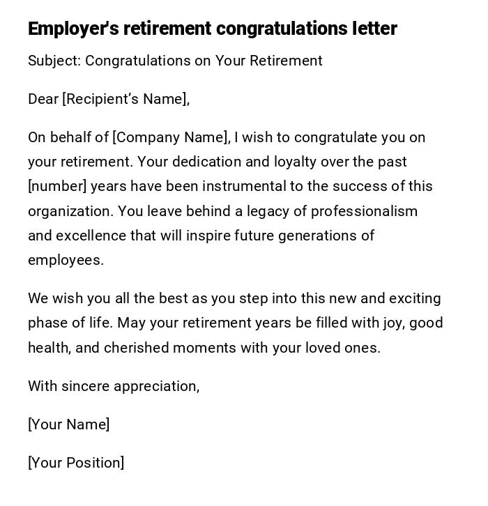 Employer's retirement congratulations letter