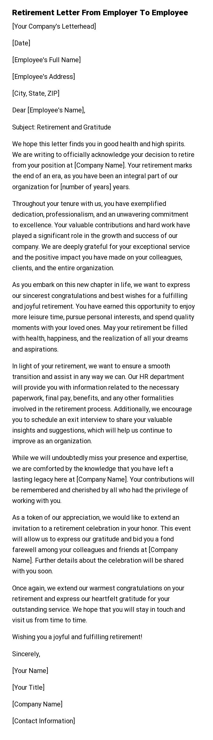 Retirement Letter From Employer To Employee