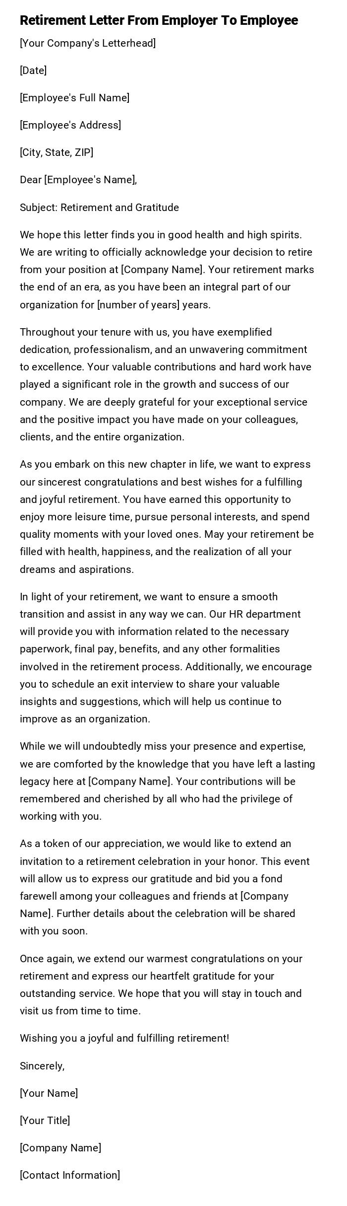 Retirement Letter From Employer To Employee