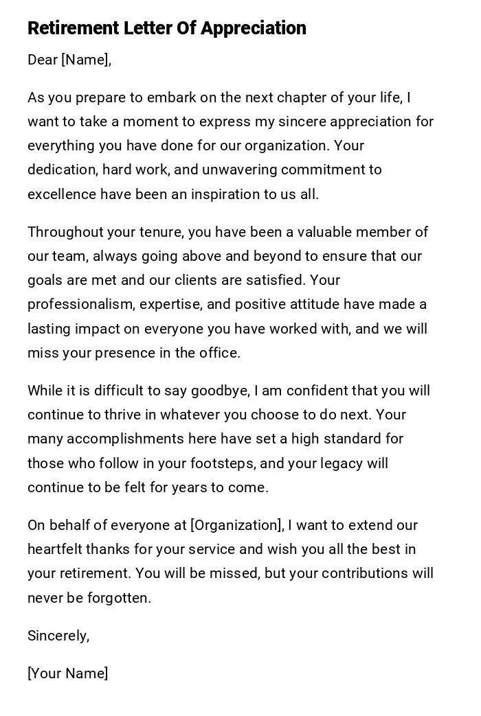 Retirement Letter Of Appreciation