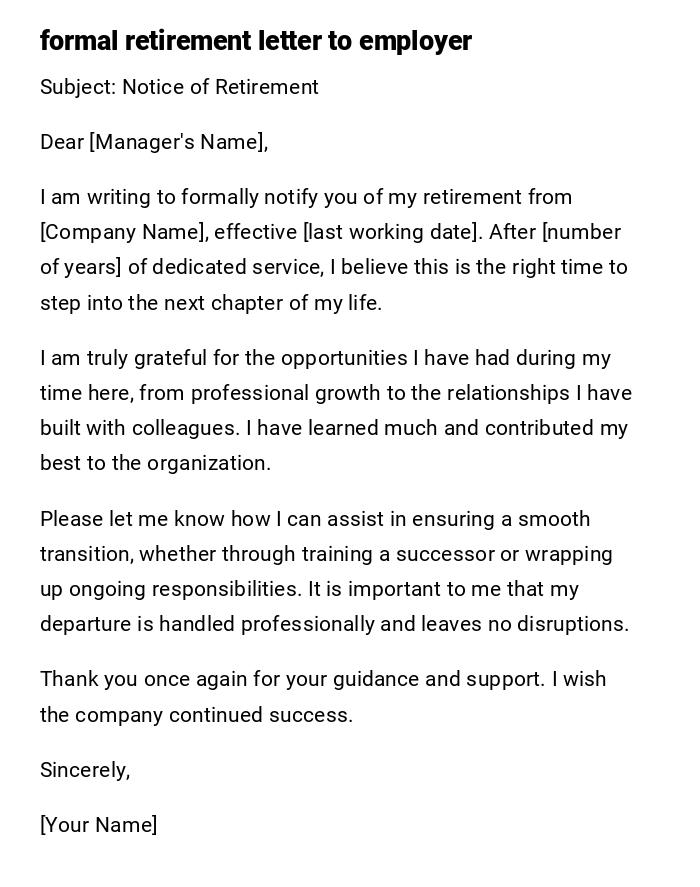 formal retirement letter to employer formal retirement letter to employer