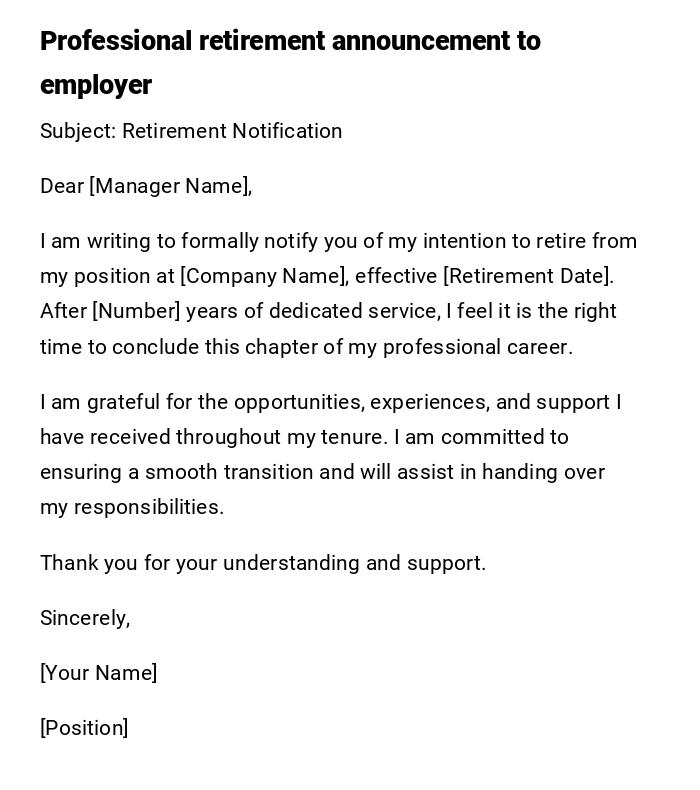 Professional retirement announcement to employer