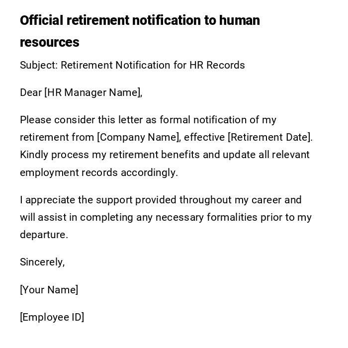 Official retirement notification to human resources