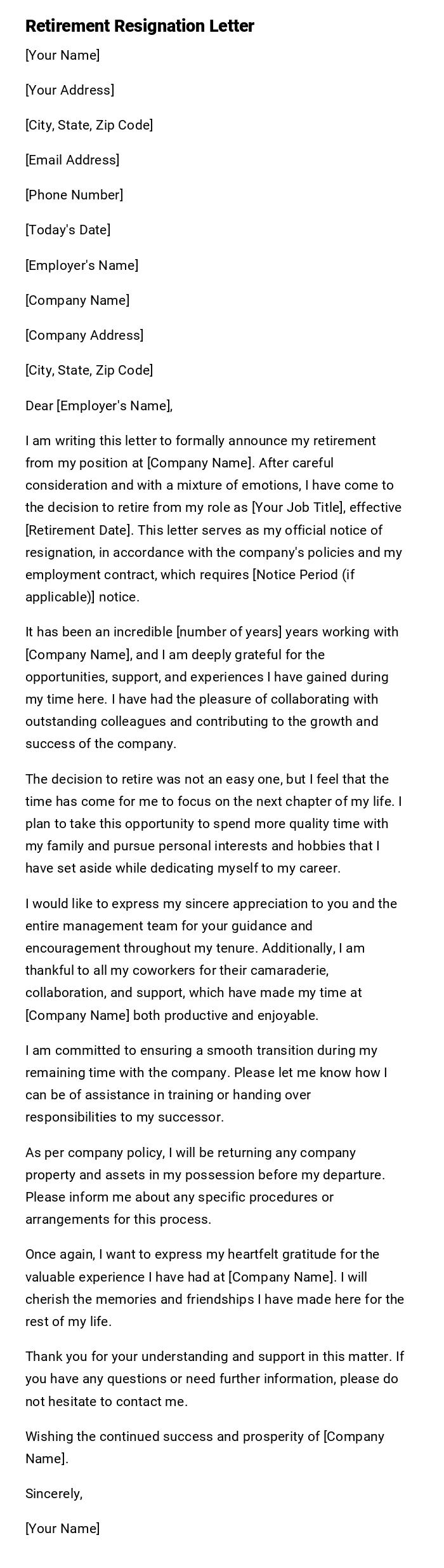 Retirement Resignation Letter