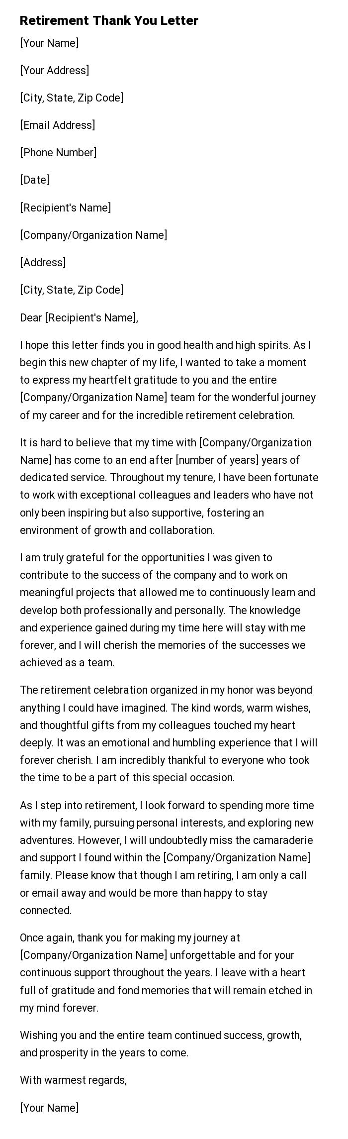 Retirement Thank You Letter