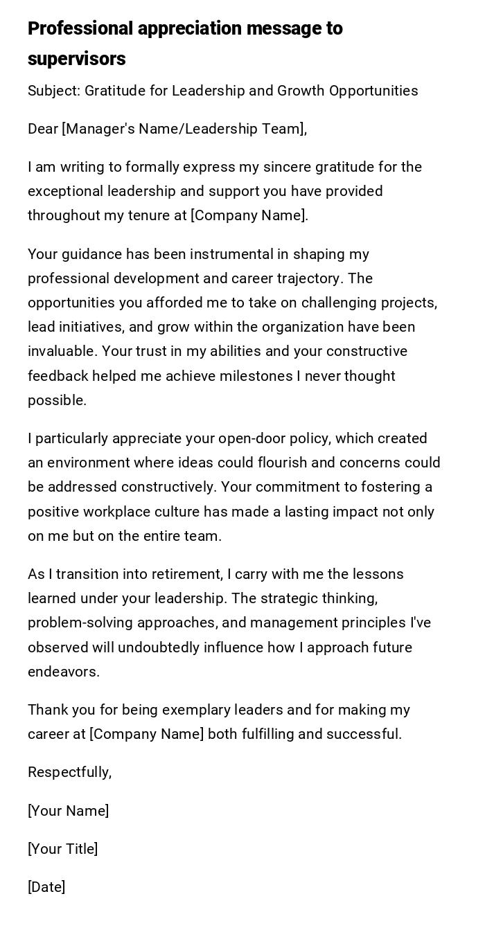 Professional appreciation message to supervisors Professional appreciation message to supervisors
