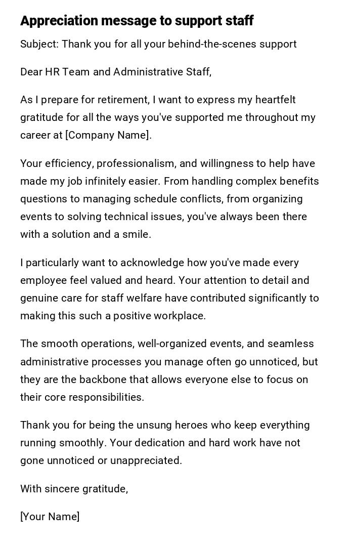 Appreciation message to support staff Appreciation message to support staff