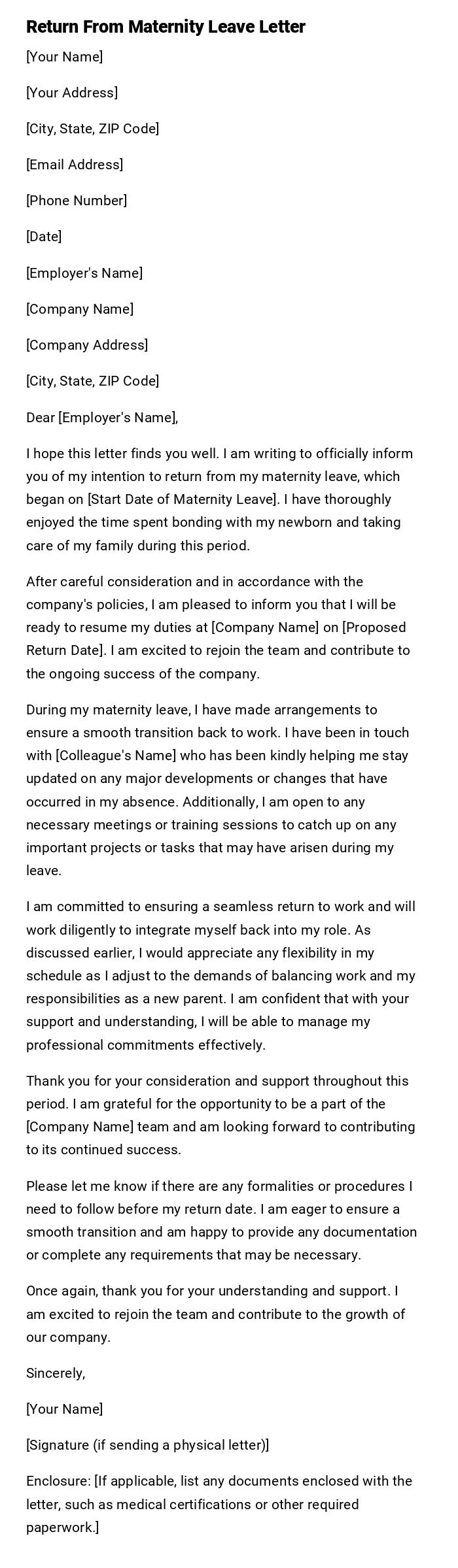 Return From Maternity Leave Letter