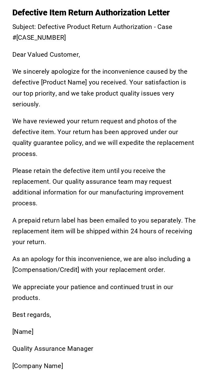 Defective Item Return Authorization Letter Defective Item Return Authorization Letter