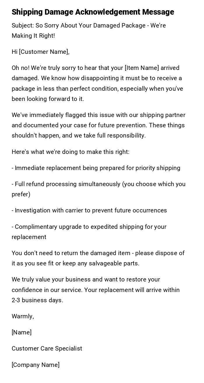 Shipping Damage Acknowledgement Message Shipping Damage Acknowledgement Message
