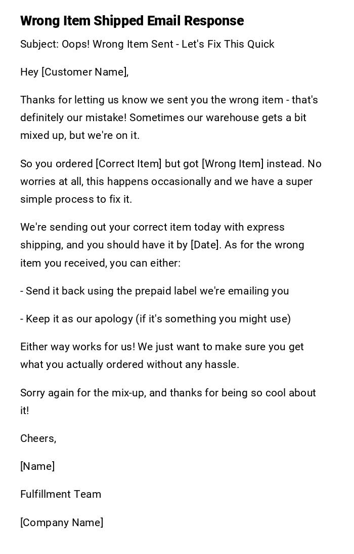 Wrong Item Shipped Email Response Wrong Item Shipped Email Response