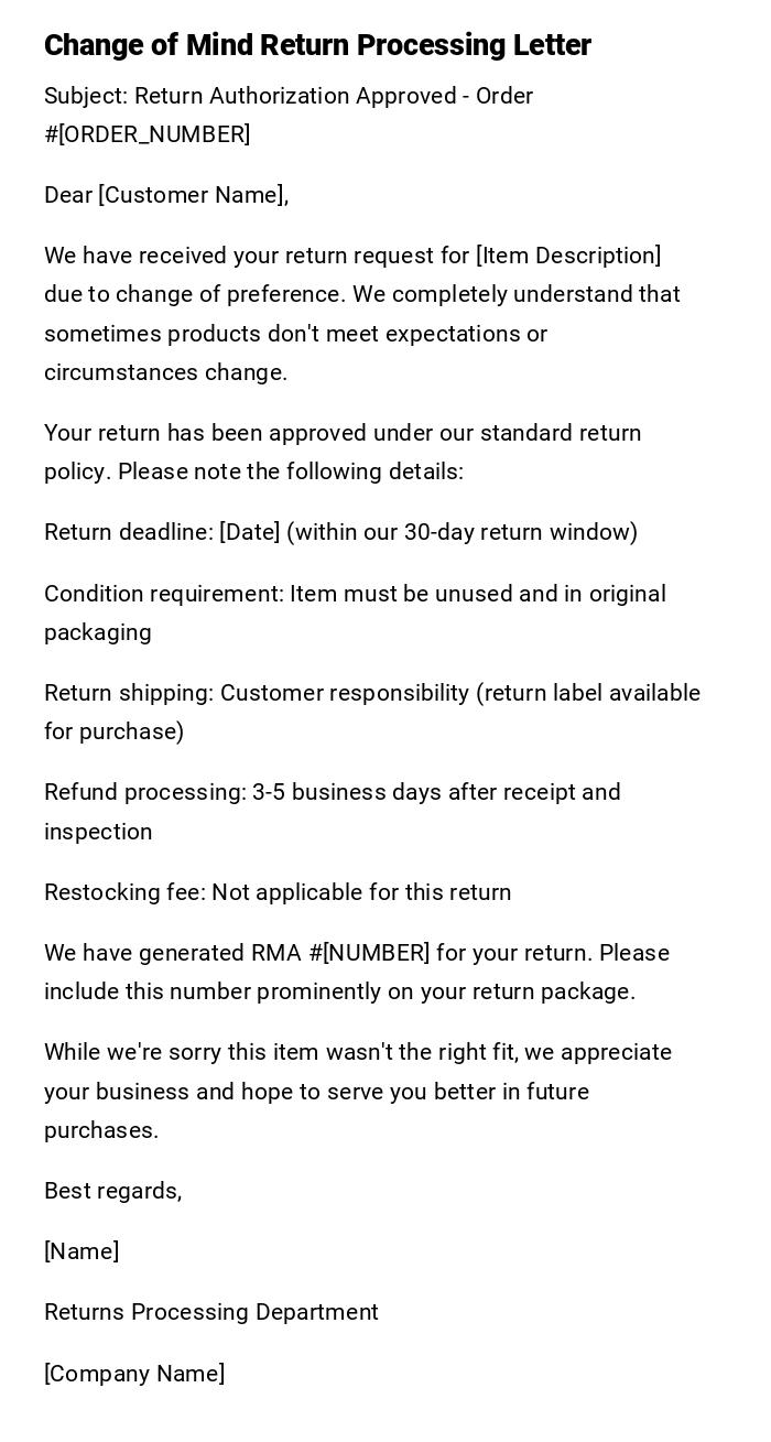 Change of Mind Return Processing Letter Change of Mind Return Processing Letter
