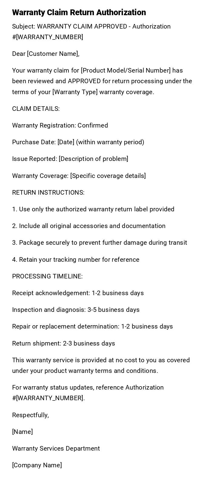 Warranty Claim Return Authorization Warranty Claim Return Authorization