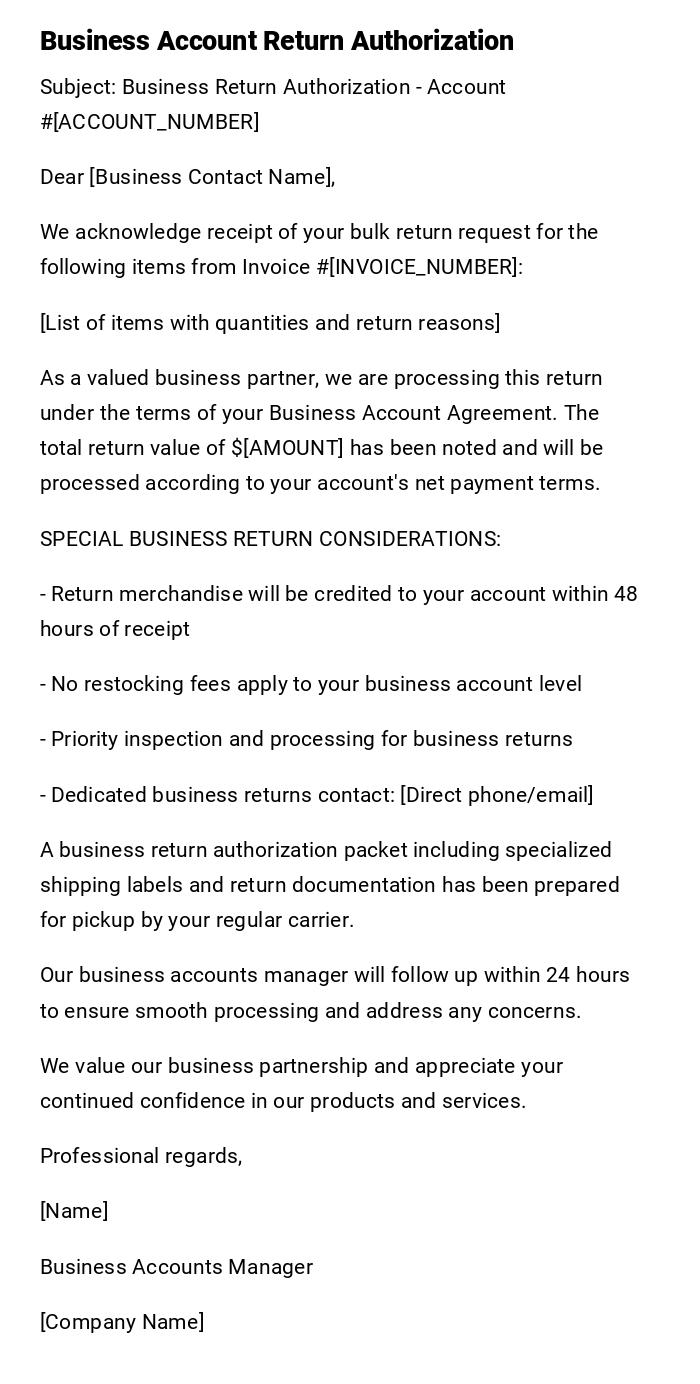 Business Account Return Authorization Business Account Return Authorization