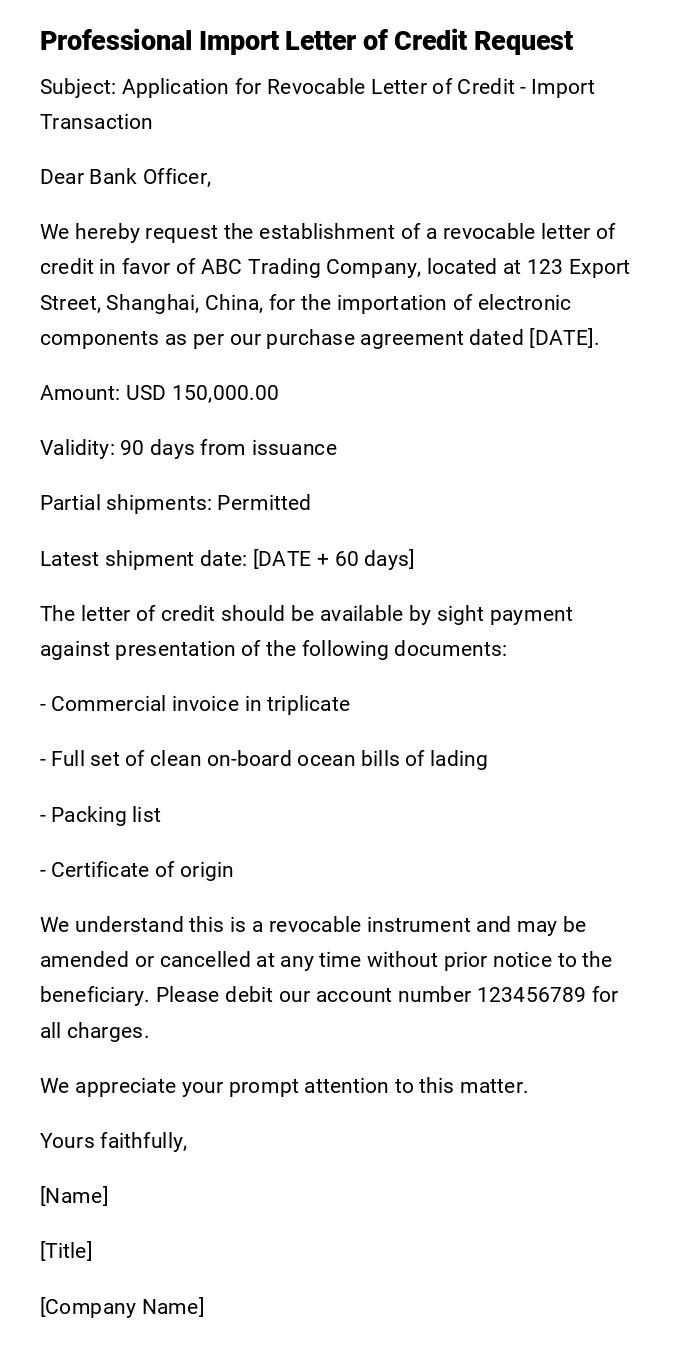 Professional Import Letter of Credit Request Professional Import Letter of Credit Request