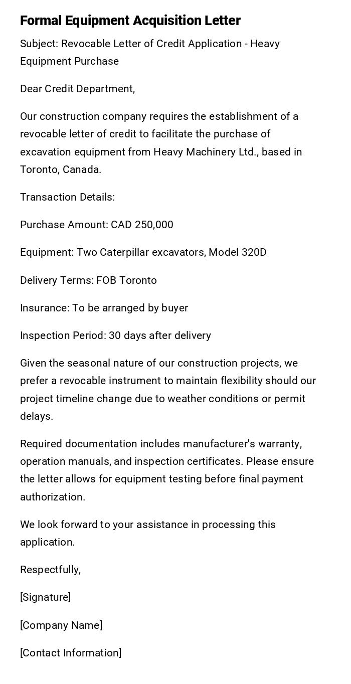 Formal Equipment Acquisition Letter Formal Equipment Acquisition Letter