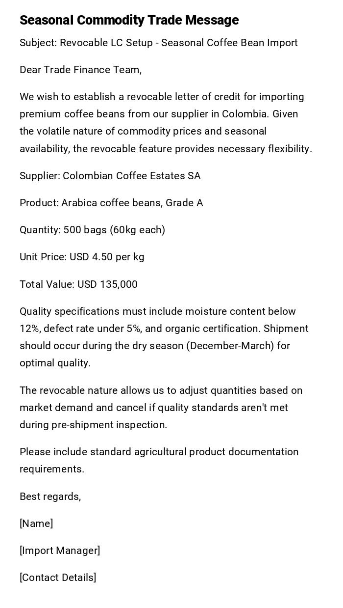 Seasonal Commodity Trade Message Seasonal Commodity Trade Message